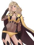  1girl a_(user_vtsy8742) ahoge arm_up bangs blonde_hair breasts bridal_gauntlets cape circlet earrings emblem fire_emblem fire_emblem_fates grey_eyes hand_on_own_face highres jewelry long_hair looking_at_viewer open_mouth ophelia_(fire_emblem) smile solo white_background 