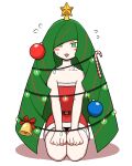  1girl alternate_hair_color bell belt blush_stickers candy candy_cane christmas_lights christmas_ornaments christmas_tree_costume dress flying_sweatdrops food green_eyes green_hair long_hair looking_at_viewer lusamine_(pokemon) nutkingcall pokemon pokemon_(game) pokemon_sm santa_costume santa_dress seiza sitting solo very_long_hair white_background 
