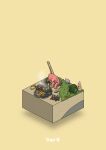  animal beach bush campfire commentary_request cooking diorama eating fish food fruit gozz grilling highres holding holding_food isometric original rabbit shell sitting steam stone yellow_background 