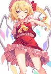  1girl ;p arm_behind_back ascot ass_visible_through_thighs bangs blonde_hair blush bow commentary_request crystal dutch_angle e.o. eyebrows_visible_through_hair feet_out_of_frame flandre_scarlet frilled_shirt_collar frills from_below hair_bow hat highres looking_at_viewer looking_down mob_cap one_eye_closed one_side_up petticoat pink_headwear pink_shirt puffy_short_sleeves puffy_sleeves red_bow red_eyes red_skirt red_vest shirt short_hair short_sleeves simple_background skirt skirt_set solo standing tongue tongue_out touhou vest white_background wings yellow_neckwear 