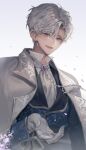  1boy :d bangs brooch earrings gloves grey_hair grey_neckwear helio_niccolo highres jewelry looking_at_viewer male_focus micha open_mouth short_hair simple_background smile upper_body violet_eyes white_background white_gloves your_throne 