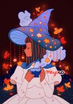  1girl artist_name black_background blue_headwear cape closed_eyes cup dark_skin dress hands_up hat holding holding_cup juliet_sleeves leaf long_sleeves meyoco mushroom_hat original profile puffy_sleeves simple_background solo star_(symbol) steam white_dress witch_hat 