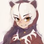  1girl animal_ears artist_name badger_ears bangs black_hair brown_hair buttons eyebrows_visible_through_hair fang grey_hair grin hanada_(cobalt003) kemono_friends long_hair looking_at_viewer multicolored_hair orange_eyes parted_bangs scar shirt sketch smile solo tan upper_body wolverine_(kemono_friends) 