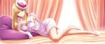  1girl absurdres arm_support blonde_hair breasts brown_eyes closed_mouth commission copyright_request curtains dress flower full_body gloves hat hat_flower highres ishii_hisao large_breasts long_hair looking_at_viewer lying on_bed on_side pillow shoes skeb_commission smile solo white_dress white_footwear white_gloves white_headwear 