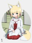  1girl animal_ears bangs blonde_hair blue_eyes blunt_bangs closed_mouth commentary_request eyebrows_visible_through_hair fox_ears fox_girl fox_tail grey_background hakama highres japanese_clothes kimono kuro_kosyou long_sleeves looking_at_viewer miko original red_hakama seiza short_eyebrows sitting smile socks solo tabi tail thick_eyebrows white_kimono white_legwear wide_sleeves 