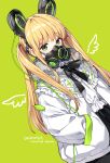  1girl animal_ears black_skirt blonde_hair bow bowtie check_copyright close-up copyright_request fake_animal_ears frilled_shirt frills fur_collar gas_mask green_background green_eyes hands_in_pockets highres jacket long_hair long_sleeves looking_at_viewer nardack open_clothes open_jacket original shirt sidelocks simple_background skirt solo twintails white_jacket white_shirt 