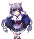  1girl animal_ear_fluff animal_ears bangs bare_shoulders black_hair black_legwear blue_sleeves blush breasts cat_ears detached_sleeves eyebrows_visible_through_hair fang frilled_skirt frilled_sleeves frills green_eyes hands_on_hips highres ittokyu karyl_(princess_connect!) leaning_forward long_hair long_sleeves looking_at_viewer low_twintails multicolored_hair open_mouth princess_connect! princess_connect!_re:dive purple_skirt shirt simple_background skirt sleeveless sleeveless_shirt small_breasts solo streaked_hair thigh-highs twintails v-shaped_eyebrows very_long_hair white_background white_hair white_shirt wide_sleeves 