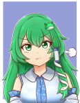  1girl :t absurdres bangs bare_shoulders blue_background border breasts collared_shirt cyczen detached_sleeves eyebrows_visible_through_hair frog_hair_ornament green_eyes green_hair hair_between_eyes hair_ornament hair_tubes highres kochiya_sanae large_breasts long_hair looking_at_viewer outline outside_border pout shirt sidelocks simple_background snake_hair_ornament solo touhou upper_body v-shaped_eyebrows white_border white_outline white_shirt 