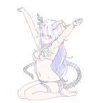  1girl arm_strap armpits barefoot bone bone_tail bra breasts closed_mouth curled_horns demon_tail enkyo_yuuichirou from_side gloves hair_between_eyes half_gloves hands_up highres horn_flower horns large_breasts long_hair looking_at_viewer looking_to_the_side multicolored_hair navel original panties purple_hair side-tie_panties simple_background sitting solo streaked_hair stretch tail thigh_strap underwear violet_eyes wariza white_background white_bra white_gloves white_hair white_panties 