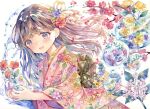  1girl :d branch brown_hair eyebrows_visible_through_hair floral_print flower furisode hair_flower hair_ornament highres holding holding_vase japanese_clothes kimono long_hair open_mouth original pink_kimono smile solo traditional_media vase visible_ears water_drop watercolor_(medium) white_background yukoring 