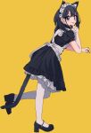  animal_ears apron artist_request black_eyes black_footwear black_hair cat_ears from_side highres maid maid_apron maid_headdress pose shoes sideways_glance tag tail tongue tongue_out yellow_background 
