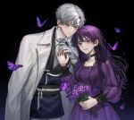  1boy 1girl black_background black_choker breasts brooch bug butterfly choker dress earrings flower formal gloves gradient gradient_background grey_hair helio_niccolo hetero holding holding_flower insect jewelry leaning_forward long_hair long_sleeves looking_at_viewer medea_solon medium_breasts micha purple_butterfly purple_dress purple_hair smile standing violet_eyes white_gloves your_throne 