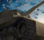  aircraft bf_109 blew_andwhite caterpillar_tracks clouds commentary_request emblem evening girls_und_panzer ground_vehicle highres military military_vehicle motor_vehicle no_humans sky sunlight tank tiger_i 