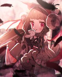  1girl :q bangs black_feathers black_ribbon blush character_request commentary_request eyebrows_visible_through_hair eyelashes feathers highres moe_(hamhamham) paws personification pokemon red_eyes ribbon shiny shiny_hair smile tongue tongue_out wings 