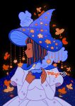  1girl artist_name black_background blue_headwear cape closed_eyes cup dark_skin dress hands_up hat holding holding_cup juliet_sleeves leaf long_sleeves meyoco mushroom_hat original profile puffy_sleeves simple_background solo star_(symbol) steam white_dress witch_hat 