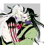  2boys ashiya_douman_(fate) asymmetrical_clothes asymmetrical_hair black_eyes black_hair clone curly_hair earrings face-to-face fate/grand_order fate_(series) green_eyeshadow green_kimono green_lipstick hair_between_eyes hair_intakes japanese_clothes jewelry kimono laughing lipstick long_hair magatama magatama_earrings makeup male_focus miri1120 multicolored_hair multiple_boys open_clothes open_kimono ribbed_sleeves toned toned_male two-tone_hair upper_body very_long_hair white_hair 