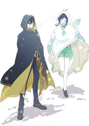  2boys 4s4s8_g bangs black_hair blue_hair blush braid breath brown_hair cape cloak closed_eyes eyebrows_visible_through_hair genshin_impact gradient_hair hair_between_eyes hood hood_up hooded_cloak jewelry long_hair long_pants long_sleeves mittens multicolored_hair multiple_boys open_mouth otoko_no_ko pants shoes shorts simple_background single_earring smile snow snowing standing standing_on_one_leg steam thigh-highs twin_braids venti_(genshin_impact) white_background white_legwear yellow_eyes zhongli_(genshin_impact) 