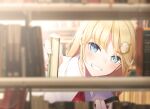  1girl :d bangs blonde_hair blue_eyes blurry blurry_foreground blush book bookshelf bookshelf_pov collared_shirt commentary_request depth_of_field eyebrows_visible_through_hair fed_(giba) gear_hair_ornament grin hair_ornament holding holding_book hololive hololive_english indoors lens_flare library long_hair looking_at_viewer monocle_hair_ornament open_mouth red_neckwear shirt smile solo teeth upper_body virtual_youtuber watson_amelia white_shirt 