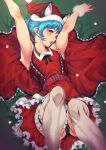  1girl animal_ear_fluff animal_ears armpits arms_up belt blue_cat blue_hair breasts cat_ears collarbone hat highres looking_at_viewer lying medium_breasts on_back open_mouth orange_eyes precure red_belt red_headwear red_skirt santa_hat short_hair skirt solo star_twinkle_precure sugarbeat thigh-highs white_legwear yuni_(precure) 