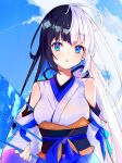  1girl black_hair blue_sky clouds day detached_sleeves fan folding_fan hanamizuki_yuuki highres holding japanese_clothes kimono multicolored_hair original outdoors silver_nails sky solo surfboard two-tone_hair white_hair 