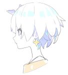  1girl blue_eyes blue_hair closed_mouth colored_skin earrings eclair_groove enkyo_yuuichirou from_side horns jewelry metro_mew multicolored_hair portrait profile shiny shiny_hair short_hair simple_background single_horn solo star_(symbol) star_earrings two-tone_hair violet_eyes white_background white_hair white_skin 