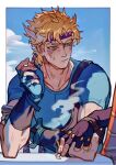  battle_tendency blonde_hair blue_gloves blue_shirt brown_gloves caesar_anthonio_zeppeli cigarette closed_mouth clouds day elbow_rest facial_mark feathers fingerless_gloves gloves green_eyes hair_feathers hand_on_own_arm headband highres holding holding_cigarette jojo_no_kimyou_na_bouken joseph_joestar_(young) looking_at_another male_focus out_of_frame scratches shirt short_hair short_sleeves smoke solo_focus upper_body xianlan 