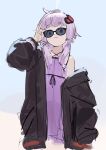  1girl adjusting_eyewear bangs black_jacket blue_eyes blunt_bangs bracelet commentary criss-cross_halter dress hair_ornament halterneck highres jacket jewelry looking_at_viewer omnki_jr purple_dress purple_hair removing_jacket sidelocks sketch smile solo sunglasses upper_body vocaloid voiceroid yuzuki_yukari 