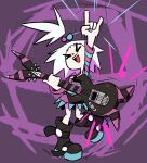  1girl bass_guitar blush boots bra_strap commission dress forehead freckles gym_leader hair_bobbles hair_ornament highres instrument jellot nintendo plectrum pokemon pokemon_(game) pokemon_bw2 roxie_(pokemon) sharp_teeth striped striped_dress teeth 