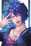  1boy artist_name blackstar_-theater_starless- blue_hair collarbone copyright_name hair_between_eyes hand_up highres jacket jewelry looking_at_viewer male_focus necklace open_mouth pervertfox1002 pink_eyes purple_shirt sharp_teeth shirt short_hair solo teeth upper_body 