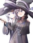  2girls bangs black_capelet black_hair black_headwear black_robe blush brown_shirt capelet closed_mouth collared_shirt commentary_request dress_shirt elaina_(majo_no_tabitabi) eyebrows_visible_through_hair grey_eyes hair_between_eyes hand_on_another&#039;s_shoulder hat highres holding long_hair long_sleeves majo_no_tabitabi multiple_girls open_clothes open_mouth open_robe robe saya_(majo_no_tabitabi) seero shirt silver_hair simple_background smile violet_eyes white_background witch_hat 