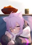  1girl ;3 absurdres ahoge animal_ear_fluff animal_ears cat_ears cup eyebrows_visible_through_hair eyes_visible_through_hair food fruit fruit_bowl hair_between_eyes highres hololive hood hood_down hoodie kotatsu looking_at_viewer lying nekomata_okayu on_stomach one_eye_closed orange peppertomo pillow pillow_hug purple_hair short_hair sleeves_past_wrists smile solo table teacup violet_eyes virtual_youtuber 