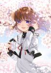  1girl ameyado_chika artist_name bangs blurry blurry_background brown_hair cherry_blossoms commentary_request dappled_sunlight day depth_of_field dress eyebrows_visible_through_hair hair_down hair_ribbon hand_in_hair highres holding holding_ribbon long_sleeves looking_at_viewer lyrical_nanoha mahou_shoujo_lyrical_nanoha medium_dress medium_hair neck_ribbon open_mouth ribbon ribbon_removed sailor_dress school_uniform seishou_elementary_school_uniform signature smile solo standing sunlight takamachi_nanoha twitter_username upper_body violet_eyes white_ribbon wind 