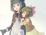  2girls :d animal_costume animal_ears animal_hood arm_hug bangs bear_costume bear_ears bear_hood black_ribbon blush bow brown_dress brown_hair brown_shirt commentary_request dress eyebrows_visible_through_hair fake_animal_ears fina_(kuma_kuma_kuma_bear) green_eyes green_hair grey_background hair_bow hair_ribbon hand_puppet highres hikari_niji hood hood_up kuma_kuma_kuma_bear long_hair multiple_girls neck_ribbon open_mouth petals pink_bow profile puffy_short_sleeves puffy_sleeves puppet red_ribbon redhead ribbon shirt short_sleeves sleeveless sleeveless_shirt smile yuna_(kuma_kuma_kuma_bear) 