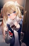  1girl bag blonde_hair blue_eyes blue_jacket blush commentary_request door doorway fur_trim head_tilt highres holding holding_bag jacket kanda_done long_hair long_sleeves looking_at_viewer open_mouth original solo standing twintails 