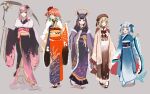  adapted_costume alternate_costume animal_ears black_footwear black_kimono blonde_hair blue_eyes blue_footwear blue_hair blue_kimono blue_ribbon blush brown_footwear brown_headwear brown_kimono closed_mouth commentary dango earrings english_commentary extra_ears eyebrows_visible_through_hair feather_earrings feathers fish_tail flower food formal full_body furisode gawr_gura gear_hair_ornament geta grey_background hair_flower hair_ornament hair_ribbon halo hat highres holding holding_food holding_scythe hololive hololive_english japanese_clothes jewelry kimono light_blue_hair long_hair looking_at_viewer mori_calliope multicolored_hair ninomae_ina&#039;nis obi open_mouth orange_hair orange_kimono pink_eyes pink_hair pointy_ears purple_footwear purple_hair purple_kimono ribbon sash scythe shark_tail short_hair silver_hair simple_background sketch smile standing standing_on_one_leg straight_hair streaked_hair tabi tail takanashi_kiara ten-chan_(eternal_s) tentacle_hair two-tone_hair violet_eyes virtual_youtuber wagashi watson_amelia wide_sleeves 
