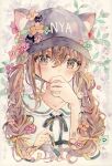  1girl animal_ear_headwear baseball_cap black_ribbon braid brown_eyes brown_hair collared_shirt covering_mouth eyebrows_behind_hair flower hair_flower hair_ornament hair_ribbon hand_over_own_mouth hat highres leaf original ribbon romaji_text shirt solo traditional_media twin_braids watercolor_(medium) white_shirt yellow_ribbon yukoring 