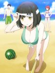  1boy 2girls :o ^_^ bangs barefoot baseball_bat beach bent_over bikini black_eyes blindfold blue_sky braid breasts chiba_erika closed_eyes clouds collarbone commentary_request food front-tie_bikini front-tie_top fruit green_bikini green_shorts hands_on_hips highres holding holding_weapon horizon large_breasts looking_at_another looking_down mahouka_koukou_no_rettousei multiple_girls no_eyewear ocean open_mouth outdoors pink_bikini redhead sand shibata_mizuki short_hair shorts side-tie_bikini sky sumi_(shibata3gb) sweatdrop swimsuit watermelon weapon yellow_eyes yoshida_mikihiko 