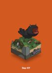  absurdres animal boulder bush commentary_request dead_animal diorama gozz hiding highres horns isometric moss open_mouth orange_background original plant standing_on_animal turtle violet_eyes 