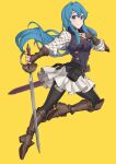  1girl absurdres belt black_belt blue_eyes blue_hair boots breasts brown_footwear brown_gloves ebinku eirika_(fire_emblem) english_commentary fingerless_gloves fire_emblem fire_emblem:_the_sacred_stones floating floating_hair gloves hand_on_own_chest highres holding holding_sword holding_weapon knee_boots long_hair looking_at_viewer skirt small_breasts smile solo sword turtleneck twisted_torso weapon white_skirt 
