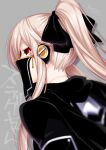  1girl bangs black_sclera blonde_hair cloak dated eyebrows_visible_through_hair konshin long_hair looking_at_viewer looking_back original red_eyes solo twintails veil 