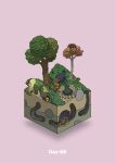  carrying commentary_request creature diorama food fruit gozz highres isometric log mole original pink_background tree upside-down 