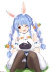  &gt;_&lt; 1girl :3 ;d absurdres animal animal_ear_fluff animal_ears bangs bare_shoulders black_gloves black_legwear black_leotard blue_hair bow braid bunny-shaped_pupils carrot_hair_ornament detached_sleeves dress eyebrows_visible_through_hair feet_out_of_frame food_themed_hair_ornament fur_trim gloves hair_between_eyes hair_bow hair_ornament head_tilt highres holding holding_animal hololive knees_up legband leotard long_hair looking_at_viewer multicolored_hair nanaushi one_eye_closed open_mouth orange_eyes puffy_short_sleeves puffy_sleeves rabbit_ears short_sleeves silver_hair simple_background sitting smile solo twin_braids twintails two-tone_hair usada_pekora virtual_youtuber white_background white_bow white_dress 