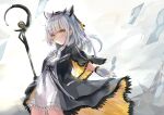  1girl arknights black_coat coat commentary cowboy_shot crystal dress floating_clothes gloves highres holding holding_staff koomoi looking_at_viewer open_clothes open_coat outstretched_arm owl_ears ptilopsis_(arknights) solo staff standing white_dress white_gloves white_hair yellow_eyes 