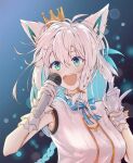  1girl :d animal_ears blue_background blue_bow blue_eyes blue_neckwear blurry blush bokeh bow bowtie braid braided_ponytail breasts commentary crown depth_of_field ear_piercing fox_ears fox_shadow_puppet gloves gradient gradient_background hair_between_eyes hair_ribbon highres holding holding_microphone hololive idol joker_oowo long_hair medium_breasts microphone mini_crown music official_alternate_costume open_mouth piercing ribbon shirakami_fubuki shirt side_braid simple_background singing sleeveless sleeveless_shirt smile solo striped striped_bow symbol_commentary upper_body virtual_youtuber white_gloves white_hair white_shirt 