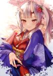  1girl :3 alcohol bangs blue_kimono blunt_bangs blurry blurry_background blurry_foreground breasts commentary_request cup depth_of_field eredhen eyebrows_visible_through_hair flower hair_flower hair_ornament hand_up highlights highres holding hololive horns japanese_clothes kimono long_hair looking_at_viewer multicolored_hair nakiri_ayame obi oni oni_horns print_kimono red_eyes red_kimono redhead sakazuki sake sash shadow shiny shiny_hair side_ponytail sidelocks skin-covered_horns smile solo tassel upper_body virtual_youtuber white_hair wide_sleeves 