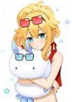  1girl absurdres alternate_costume alternate_hairstyle aqua_eyes blonde_hair blush commission crop_top eyewear_on_head hemmmlock highres holding holding_stuffed_toy hoshino_char hug looking_to_the_side pout red_shirt shirt solo star_(symbol) stuffed_toy sunglasses tied_hair tsunderia virtual_youtuber 