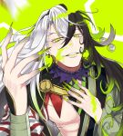  1boy alternate_eye_color ashiya_douman_(fate) asymmetrical_clothes asymmetrical_hair bell black_eyes black_hair curly_hair earrings fate/grand_order fate_(series) fingernails glowing glowing_eyes green_eyeshadow green_kimono green_lipstick green_nails hair_bell hair_between_eyes hair_intakes hair_ornament highres japanese_clothes jewelry kimono lipstick long_hair looking_at_viewer magatama magatama_earrings makeup male_focus multicolored_hair open_clothes open_kimono ribbed_sleeves sharp_fingernails smile solo suterun_(suter_mento) toned toned_male two-tone_hair upper_body very_long_fingernails very_long_hair white_hair 