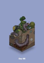  blue_background commentary_request diorama fallen_tree gozz highres isometric lying monster oil olmec_head on_back original red_eyes rope tree violet_eyes 