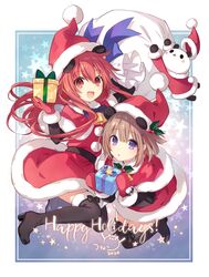  2020 2girls animal_ears box brown_eyes christmas gift gift_bag gift_box happy_holidays hat long_hair long_sleeves looking_at_viewer multiple_girls neptune_(series) open_mouth panda panda_ears red_eyes redhead santa_costume santa_hat shakeko_(neptune_series) smile solo thigh-highs tsunako violet_eyes 