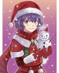  1girl bernadetta_von_varley commentary_request eyebrows_visible_through_hair fire_emblem fire_emblem:_three_houses fire_emblem_heroes gloves gradient gradient_background grey_eyes hat highres long_sleeves ohyotomato pom_pom_(clothes) purple_hair red_gloves santa_costume santa_hat scarf short_hair smile snowman solo striped striped_scarf twitter_username 